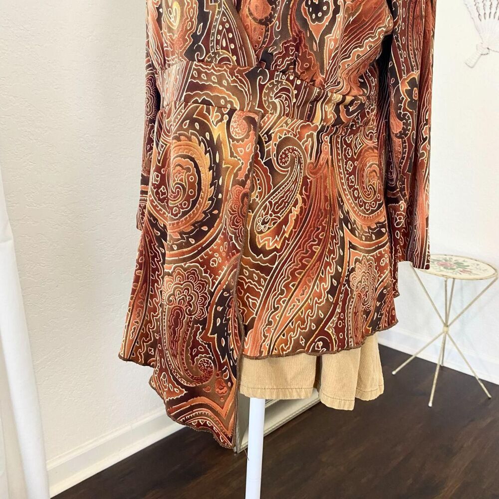 Vintage Made in USA Fairycore Boho Brown Paisley Handkerchief Asymmetric Top L - Picture 3 of 8